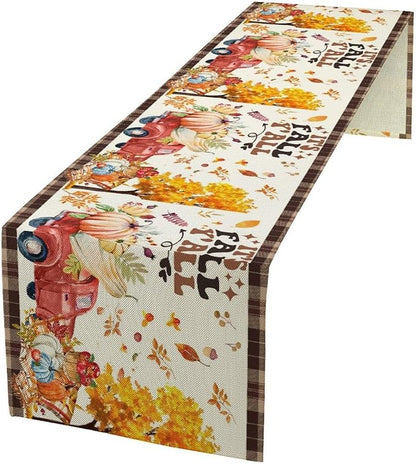 Fall Pumpkin Table Runner,Rustic Maple Yellow Leaf Trees Truncks Brown Plaid Tablecloth Burlap for Hotel Indoors Outdoor Dining Room Kitchen Home Decor,W13X L36 in
