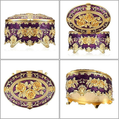 Hipiwe Vintage Oval Jewelry Storage Box Metal Trinket Organizer Purple Treasure Chest Box for Earring Necklace Ring Holder Gift for Women