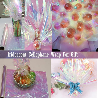 CMFYHM Iridescent Cellophane Wrap Roll I 34 In X 50 Ft I Rainbow Cellophane Roll, Rainbow Wrapping For Baskets,Gifts, Treats,Birthday Wedding Floral, Party Arts Crafts Decoration