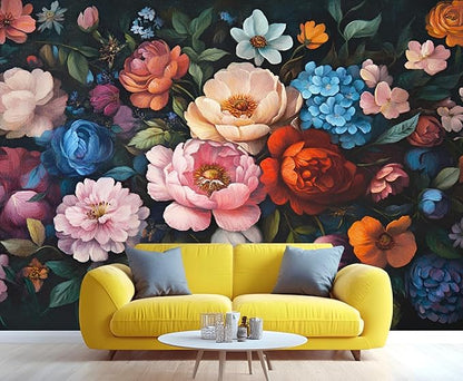 KIREUPA Vintage Peony Floral Wall Mural, Oil Painting Dutch Flower 3d Wall Murals, Romantic Dark Botanical Wallpaper Mural, for Living Room Bedroom Large Wallpaper Indoor Decor 59" W x39.4 H
