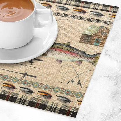 Rustic Cabin Bear Placemats Fishing Rods Lure Southwestern Check Plaid Brown Art Printed Dining Table Mats Set of 4 for Home Kitchen Holiday Picnic Party Decor 12x18in