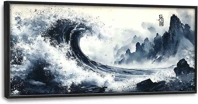 Mountain Wave Large Wall Art Framed Chinese Wall Decor for Living Room Waves Pictures Oversized Canvas Print Painting Modern Extra Large Framed Artwork for Bedroom Office Home Decor 60"x30"