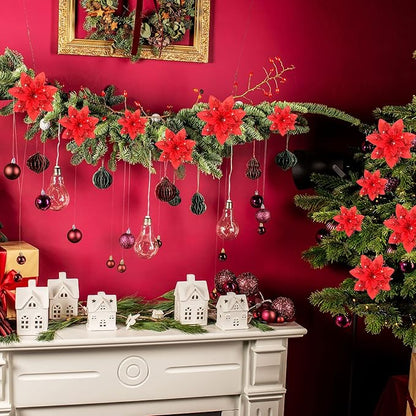 Geosar 24 Christmas Glitter Artificial Poinsettia Flowers Xmas Poinsettia Artificial Wedding Flowers Decorations Xmas Tree Ornaments with Clips for Party Favors, 6 Inch, 4 Inch, 3 Inch (Red)