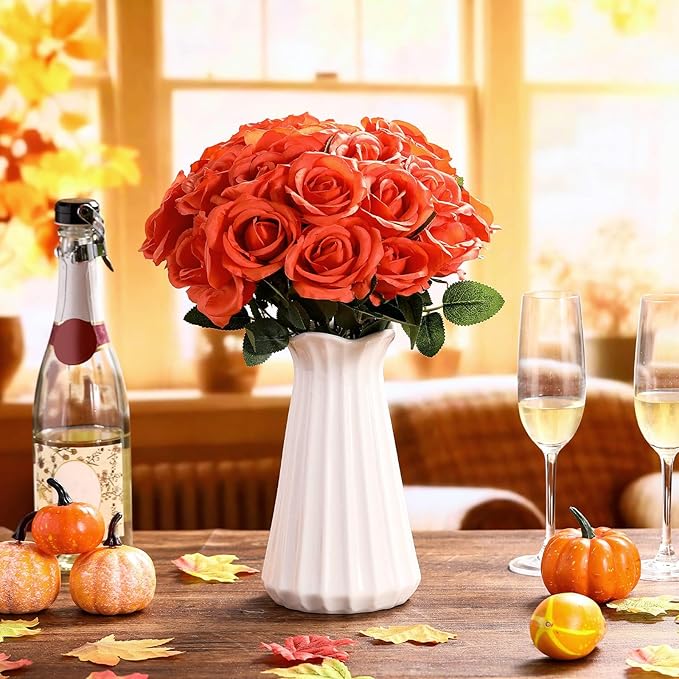 Jexine 60 PCS Artificial Roses Bulk Silk Flowers with Long Stems, Realistic Faux Rose Bouquet for Wedding Centerpieces, Valentine’s Party, Home Decor(Orange)