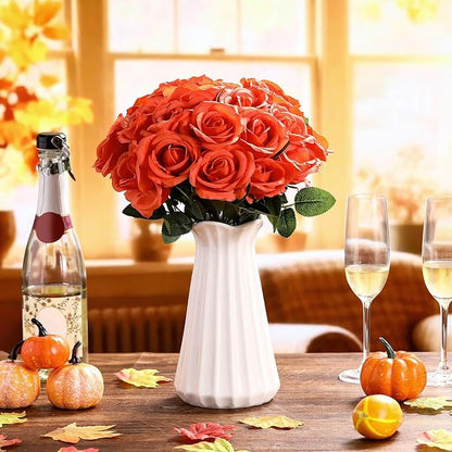 Jexine 60 PCS Artificial Roses Bulk Silk Flowers with Long Stems, Realistic Faux Rose Bouquet for Wedding Centerpieces, Valentine’s Party, Home Decor(Orange)