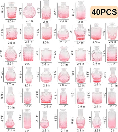 40 PCS Small Glass Bud Vases Set, Mini Flower Vases for Wedding Centerpiece, Table Decoration, Party & Festival Home Decor, Bulk Vintage Miniature Vases for Floral Arrangements, Pink