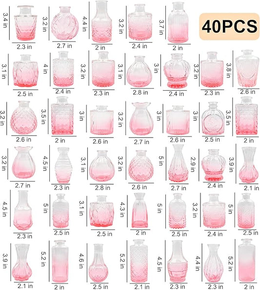 40 PCS Small Glass Bud Vases Set, Mini Flower Vases for Wedding Centerpiece, Table Decoration, Party & Festival Home Decor, Bulk Vintage Miniature Vases for Floral Arrangements, Pink