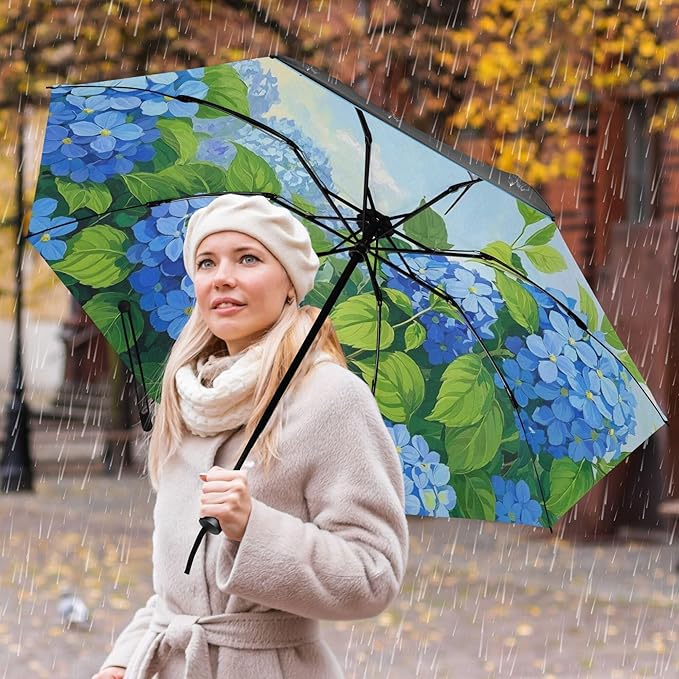 Automatic Folding Umbrella Windproof Strong, UV Protection Compact Floral Hydrangea Hummingbird Sun Rain Sun Rain Travel Umbrellas for Women Men