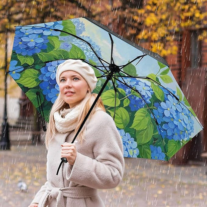 Automatic Folding Umbrella Windproof Strong, UV Protection Compact Floral Hydrangea Hummingbird Sun Rain Sun Rain Travel Umbrellas for Women Men