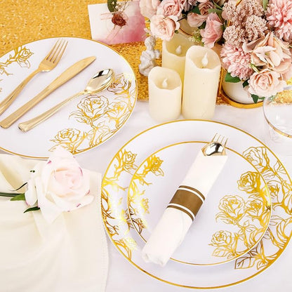 DaYammi 210Pcs White Gold Plastic Plates for Party,Gold Disposable Dinnerware Set Includes 60 gold floral plates,30 plastic Silverware,30 Per Rolled Napkins,30 Plastic Cups for Christmas Party Wedding