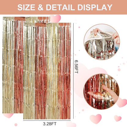 TONIFUL Valentine's Day Door Streamers,Rose Gold and Light Gold Photo Booth Backdrop Metallic Streamers Foil Fringe Curtain for Birthday Bridal Shower Engagement Party Decoration
