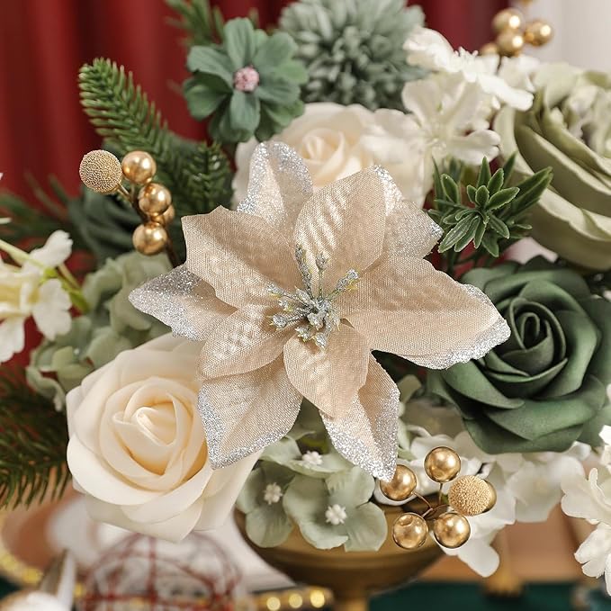Christmas Artificial Flowers Set with White Poinsettia, Fake Roses and Greenery for DIY Christmas Decor - Wreath, Tree Ornaments, Wedding Bouquets, Centerpieces, Home Floral Arrangemen