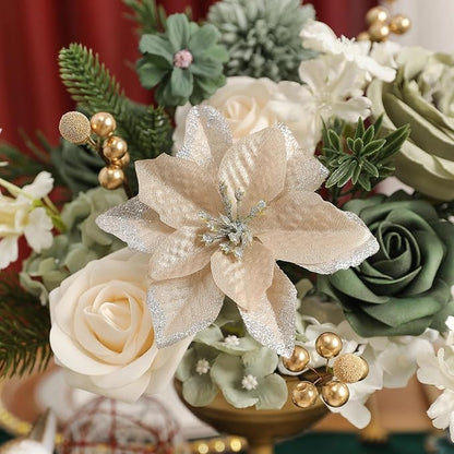 Christmas Artificial Flowers Set with White Poinsettia, Fake Roses and Greenery for DIY Christmas Decor - Wreath, Tree Ornaments, Wedding Bouquets, Centerpieces, Home Floral Arrangemen