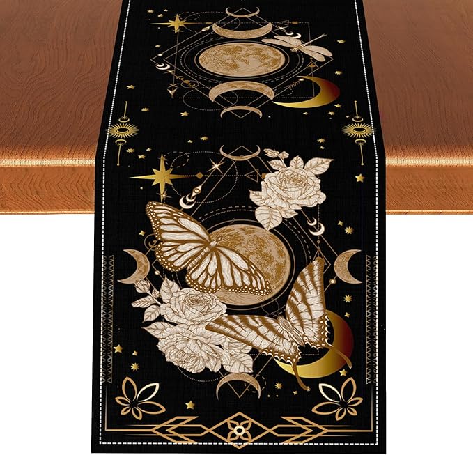 Gothic Moth Table Runner, Boho Floral Gothic Sun Moon Phase Mystical Witchy Starlight Coffee Table Center Decor for Home Kitchen Dining Patio Holiday Party Table Decorations 13x108 inches