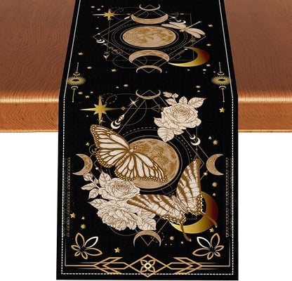 Gothic Moth Table Runner, Boho Floral Gothic Sun Moon Phase Mystical Witchy Starlight Coffee Table Center Decor for Home Kitchen Dining Patio Holiday Party Table Decorations 13x90 inches