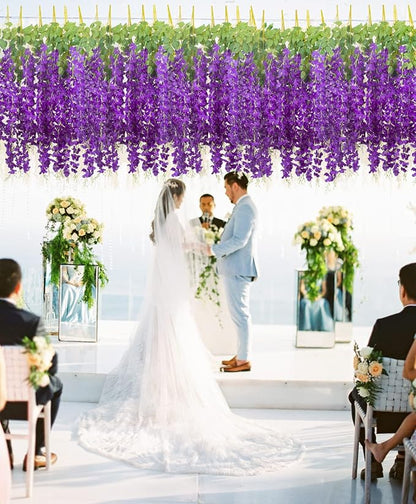 12 Pack Artificial Flowers Silk Wisteria Vine Ratta Hanging Flower (Blue)