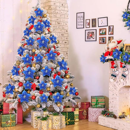 Boao 24 Pieces Christmas Artificial Glitter Poinsettia Flowers Xmas Flowers Wedding Christmas Tree New Year Ornaments(Royal Blue)