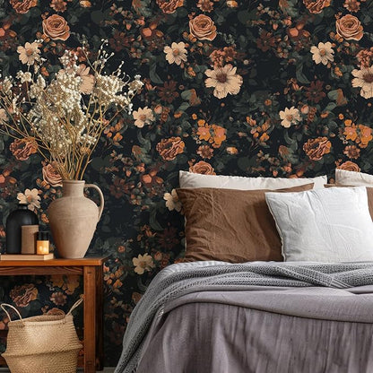 VEELIKE Retro Dark Floral Peel and Stick Wallpaper Vintage Floral Wallpaper for Bedroom Bathroom 17.7''x118'' Moody Flower Wallpapers Self Adhesive Removable Botanical Contact Paper for Cabinets Walls