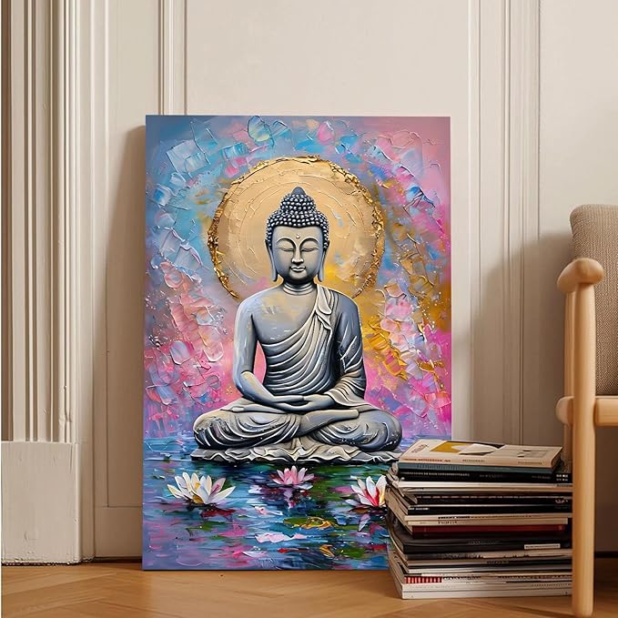 Lotus and golden Buddha meditation tranquil zen wall art mindfulness wall art for spiritual harmony and tranquility decor 28x40in Frameless
