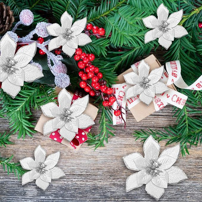 WILLBOND 24 Pcs 3 Size Poinsettia Flower Artificial Christmas Decor Glitter Poinsettia Christmas Ornaments Faux Flowers for Xmas Tree Outdoor(4/6/7.9 Inches,Silver)