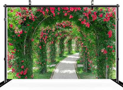 17ftx10ft Spring Flower Garden Backdrop Blossoms Flower Arch Garden Architecture Pillars Blooming Flowers Garden Path Photo Background Outdoor Wedding Portraits Photo Studio Props Wallpaper