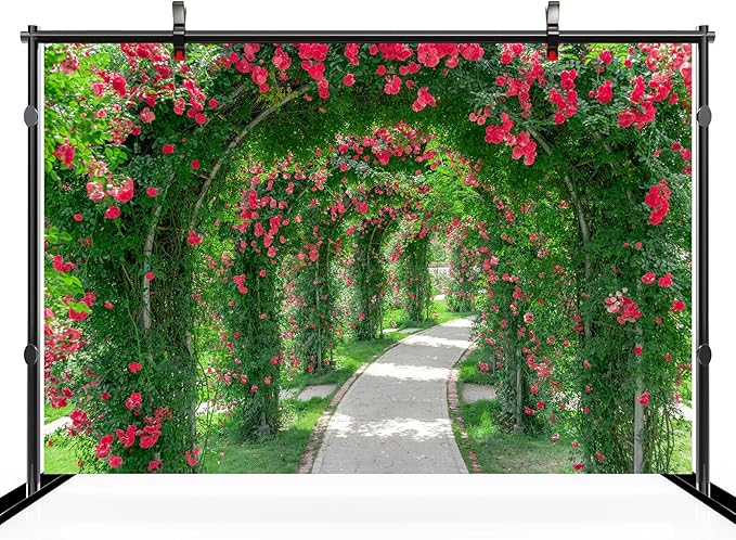 15ftx10ft Spring Flower Garden Backdrop Blossoms Flower Arch Garden Architecture Pillars Blooming Flowers Garden Path Photo Background Outdoor Wedding Portraits Photo Studio Props Wallpaper