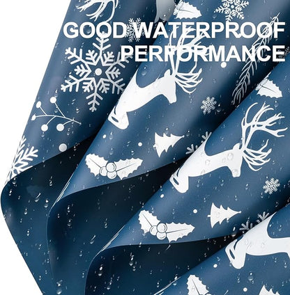 LeZakaa 20 Sheets Flower Wrapping Paper, Navy Blue Christmas Reindeer and Snowflake Design Waterproof Floral Bouquet Paper for Christmas, Winter Holiday Party Gift Packaging