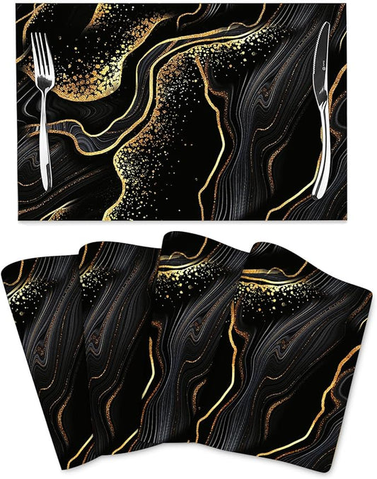 Black Gold Marble Texture Placemats Set of 4, Black Table Mats, Heat Resistant Washable Linen Place Mats for Kitchen Dining Table Farmhouse 12"x18", Black Gold Kitchen Decor