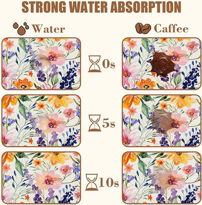 Dish Drying Mat Colorful Wildflowers Coffee Bar Mat for Countertop Absorbent Rubber Backed Hide Stain Dish Drainer Rack Pad Espresso Machine Cafe Table Dining Room Decoration 11.8 x 19.7 Inch