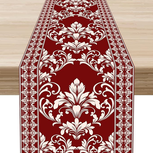 Damask Table Runner, Red Rustic Damask Antique Floral Retro Boho Art Pattern Linen Coffee Table Center Decor for Home Kitchen Dining Decorations Indoor Outdoor 13x72 inch