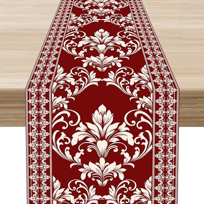 Damask Table Runner, Red Rustic Damask Antique Floral Retro Boho Art Pattern Linen Coffee Table Center Decor for Home Kitchen Dining Decorations Indoor Outdoor 13x108 inch