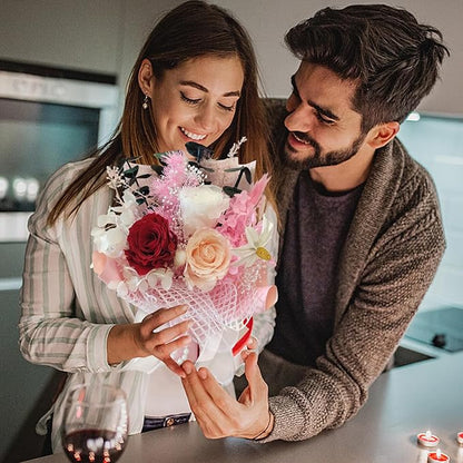Preserved Flowers Bouquet Romantic Valentines Day Gift for Her LED Light 3 Preserved Real Rose for Delivery Christmas Mothers Day Birthday Gifts for Women Mother Wife Girlfriend (Pink)