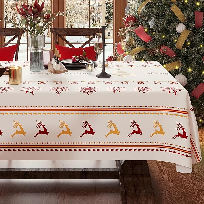 Christmas Rectangle Table Cloth,100% Waterproof Tablecloth,Christmas Decorations for Home, Vinyl Tablecloth Plastic Table Cover for Party，Picnic,Dining,Outdoor 54" x 54",Merry Ribbon