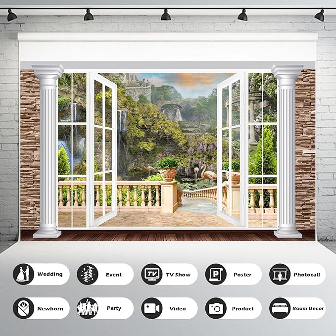Window Scenery Backdrop White Windowsill Floral Garden Green Forest Natural Rock Stone Photography Background Garden Style Family Union Party Banner Wall Decor Photo Shoot Booth Props 20x10ft