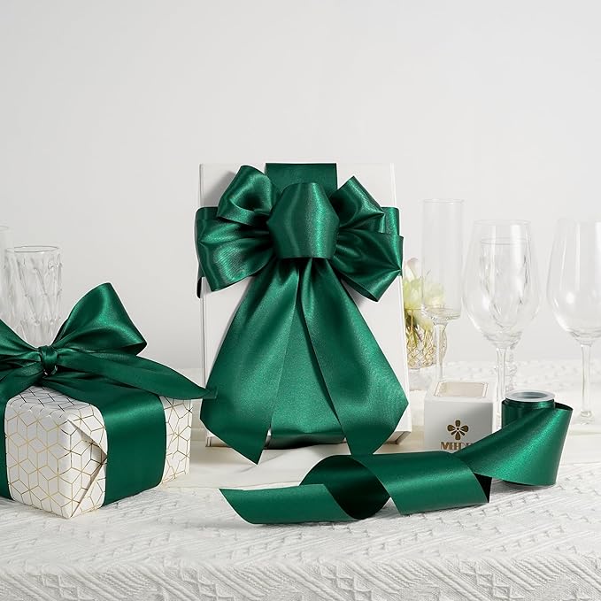 MEEDEE Dark Green Satin 3 Inch Ribbon Lux Double Faced Hunter Green Satin Ribbon by 10 Yards Green Christmas Ribbons Dark Green Ribbons for Christmas Tree, Weddings, Flower Bouquet
