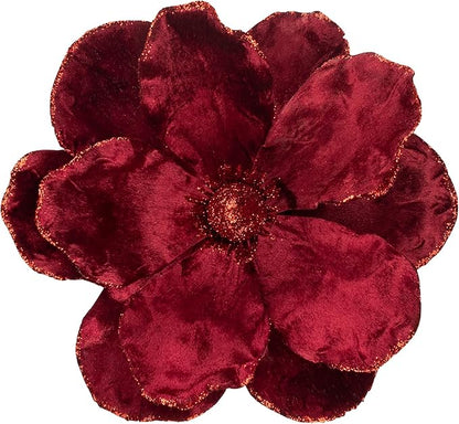KI Store Velvet Christmas Poinsettia Burgundy Artificial Magnolia Flower Ornaments Floral Picks Stems for Christmas Tree Decorations Pack of 6 for Xmas Tree Wedding Centerpiece