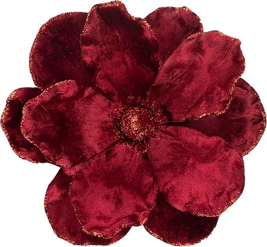 KI Store Velvet Christmas Poinsettia Burgundy Artificial Magnolia Flower Ornaments Floral Picks Stems for Christmas Tree Decorations Pack of 6 for Xmas Tree Wedding Centerpiece