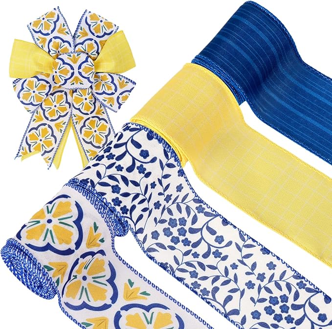 Boho Wired Edge Ribbon Blue Yellow Stripe Plaid Floral Leaves Fabric Craft Ribbon for Wedding Birthday Bridal Shower Wreath Bow Making, 4 Rolls, 24 Yards