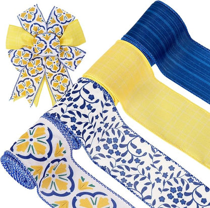 Boho Wired Edge Ribbon Blue Yellow Stripe Plaid Floral Leaves Fabric Craft Ribbon for Wedding Birthday Bridal Shower Wreath Bow Making, 4 Rolls, 24 Yards