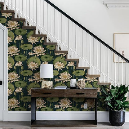 Orainege Vintage Floral Peel and Stick Wallpaper Floral Contact Paper 16.9"x393.7" Lotus Leaf Wallpaper Peel and Stick Self Adhesive Wall Paper for Bedroom Bathroom Covering Wall Decorative