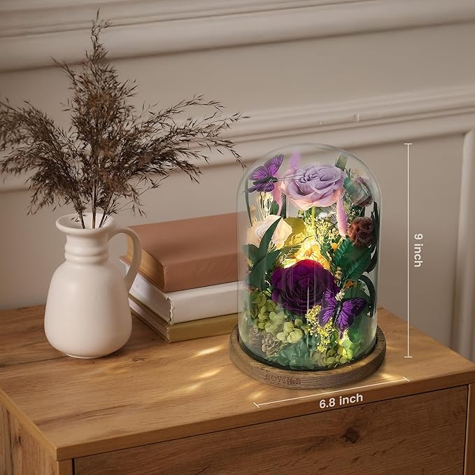NOVEINN Preserved Flowers in Glass Dome - Eternal Rose Arrangement with Real Preserved Plants, Romantic Forever Rose Gift for Women - Anniversary, Birthday, Mother’s Day, Home Decor(Purple)