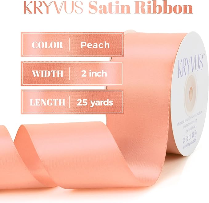 Premium Double Faced Satin Ribbon, 2 Inch X 25 Yards, Peach, Perfect for Gift Wrapping, Crafts, Wedding Decor