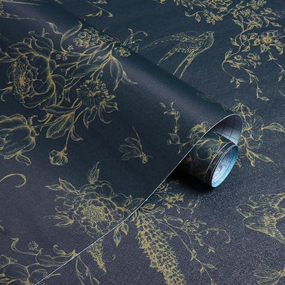 Floral Birds Wallpaper Peel and Stick Dark Blue Contact Paper 16.9”x 118.1” Vintage Floral Self Adhesive Removable Wallpaper Flower Birds Wall Paper for Bathroom Kitchen Decor Vinyl