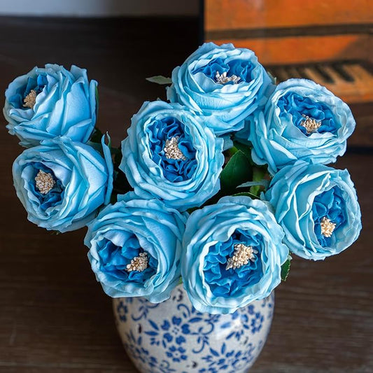 Fake Flowers for Decoration Home Decor Real Touch Artificial Flowers Austin Rose Peony Latex Fake Flower Living Room Decoration Vivid Pink Roses Peonies (Deep Blue 4pcs)
