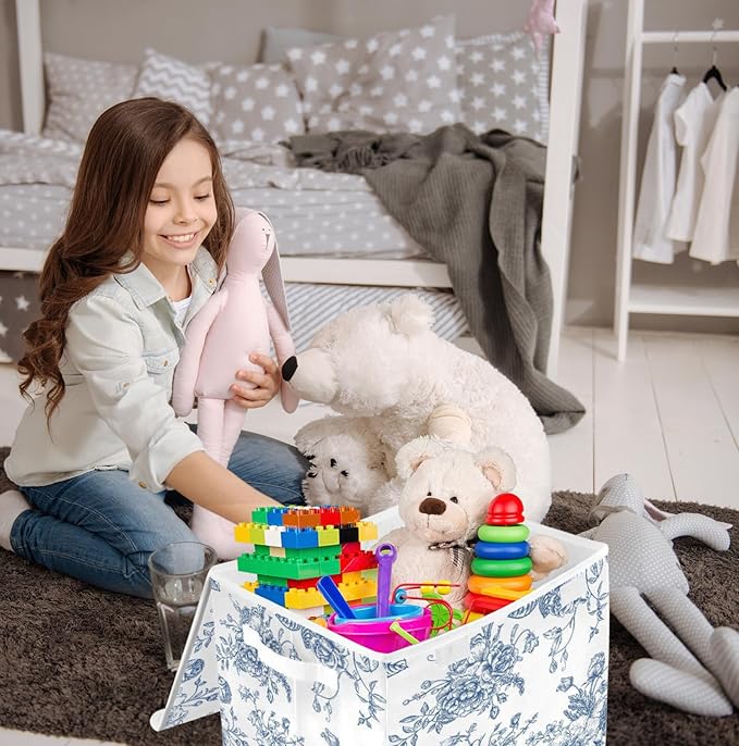 susiyo Bouquet Of Blue Flowers Floral Storage Bin Large Collapsible Storage Box Stackable design Fabric Storage Bins with Lids Decorative Multi-Color Foldable Organizing Baskets For Closet, Utility Ro