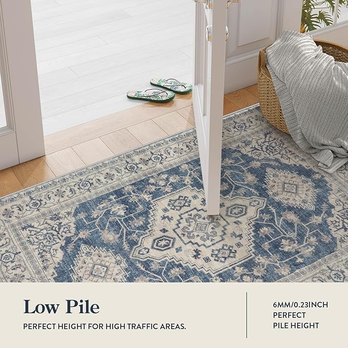 Lahome Oriental Washable Runner Rug Non Slip, 2x7 Rug Runners for Hallways Kitchen, Ultra-Thin Hallway Rugs for Laundry Room Bathroom Bedroom, Blue
