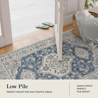 Lahome Oriental Kitchen Runner Rug Non Slip, 2x5 Washable Hallway Runner with Rubber Backing, Vintage Hallway Rug Ultra-Thin Soft Carpet for Bedroom Bathroom, Blue
