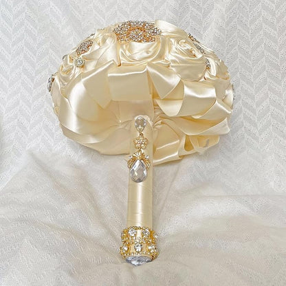 Handmade Satin Rose Floral Bling Pearl Decor Bridal Wedding Bouquet Rhinestone Pendant Artificial Brooch Flowers for Bride Bridesmaid Quinceanera