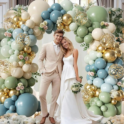 Dusty Avocado Green Balloon Arch Kit, 152Pcs Dusty Blue Retro Blue White Sand Macaron Green Gold Confetti Balloons for Baby Bridal Shower Wedding Engagement Birthday Party Decorations