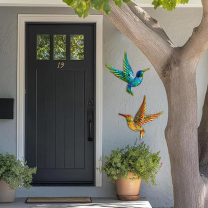 HONGLAND Metal Hummingbird Wall Art 12inch Metal Birds Wall Sculpture Garden Decoration Outdoor Statue Patio Fence Hanging Plaques 2 Pack（Multicolor）